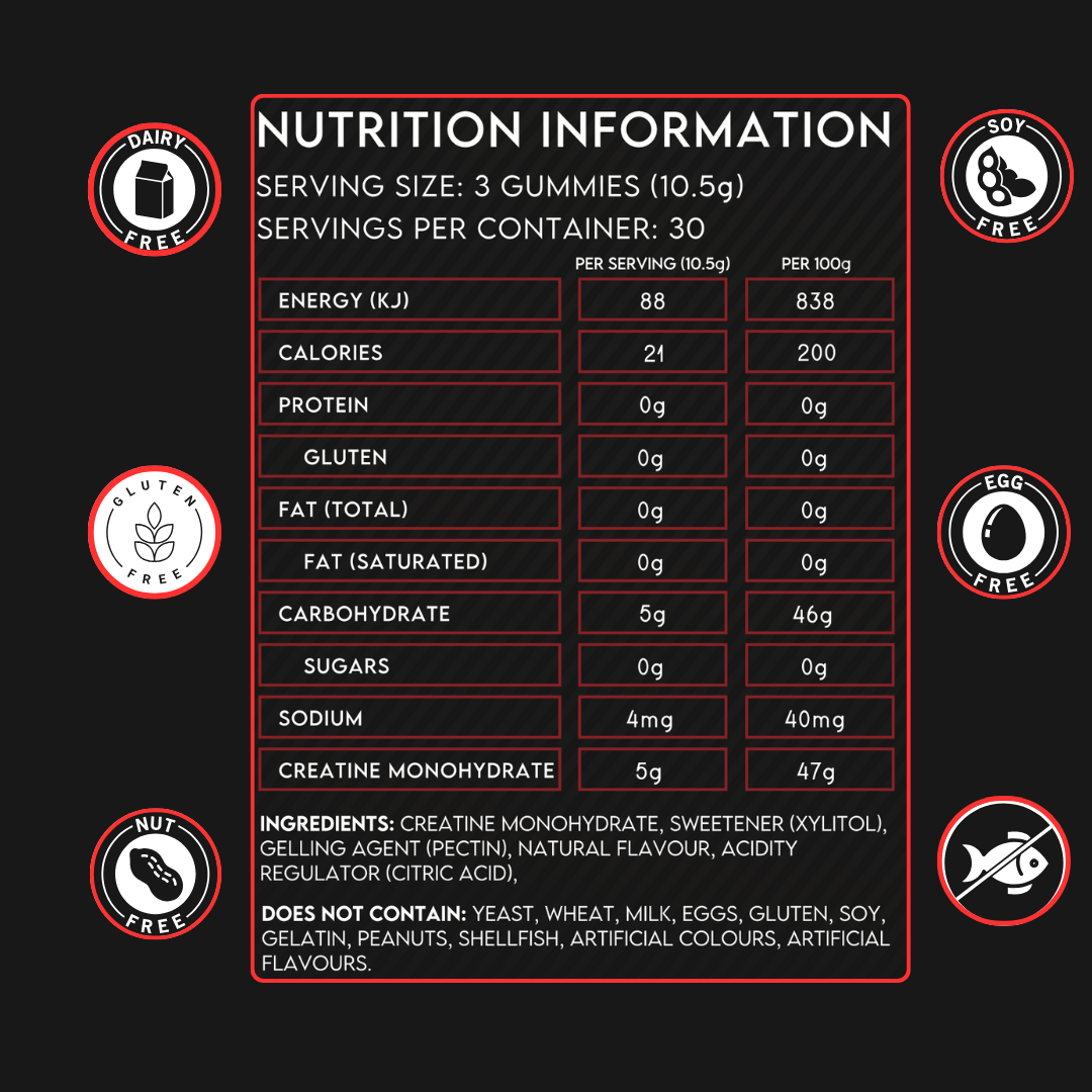 Creatine Monohydrate Gummies - (30 Serves, Strawberry Flavour)