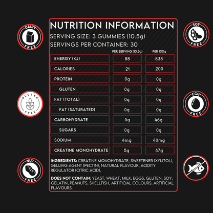 Creatine Monohydrate Gummies - (30 Serves, Strawberry Flavour)