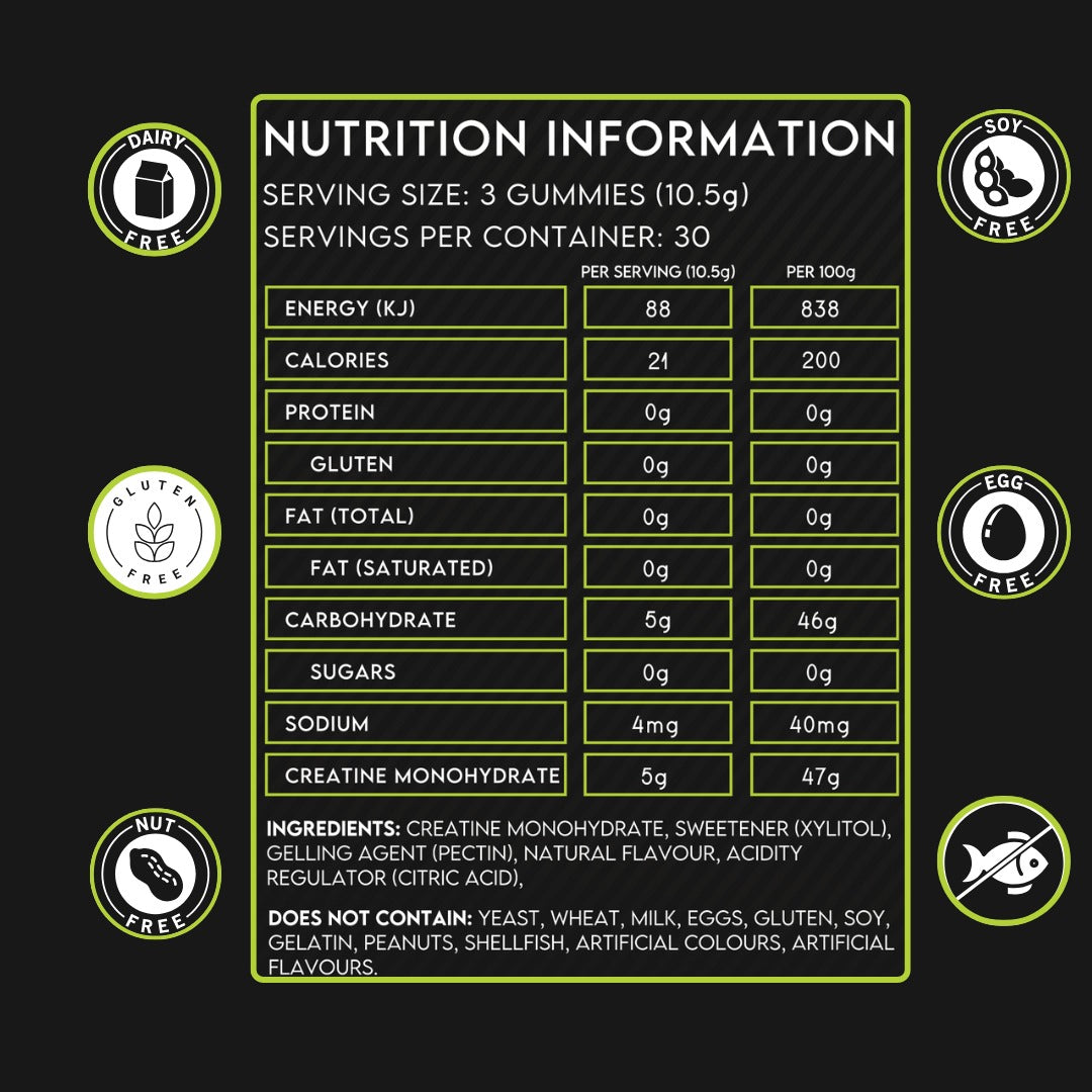 Creatine Monohydrate Gummies - 315g (90 Gummies, Green Apple Flavour)