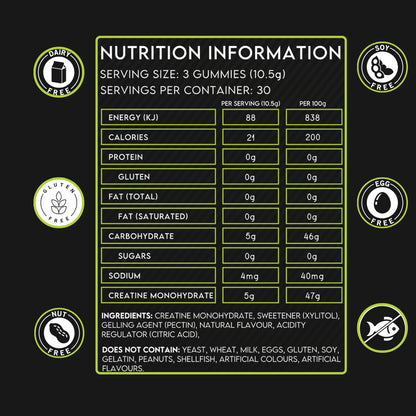 Creatine Monohydrate Gummies - 315g (90 Gummies, Green Apple Flavour)